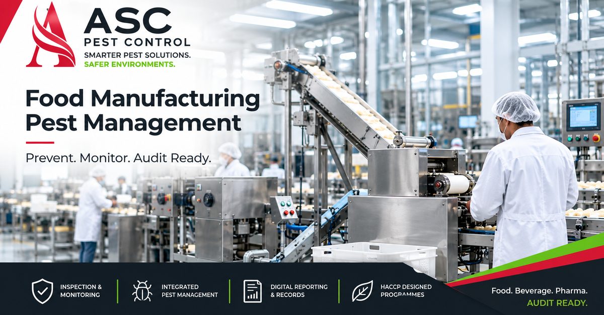 ASC Pest Control food manufacturing pest management graphic: prevent, monitor, audit ready
