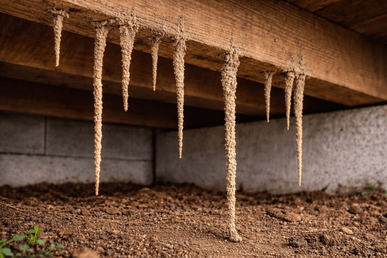 Subterranean termite mud tubes running up a rendered foundation wall of a residential property